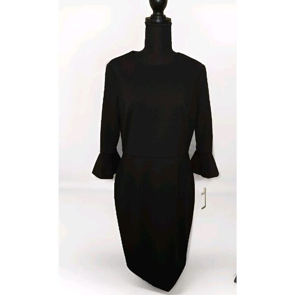 NWT! Donna Morgan Crew Neck Circular Flounce Sleeve Solid Crepe Dress Sz 8 - Picture 3 of 11